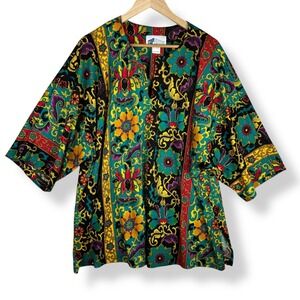 Top Notch Tunic Top Womens Size 26W Vintage 90s Floral Paisley Kimono Bright